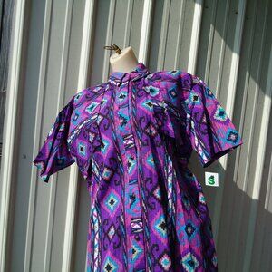 NOS Vintage Oldstock Purple Western Cowgirl Blouse Cotton USA Made S Teal AZTEC